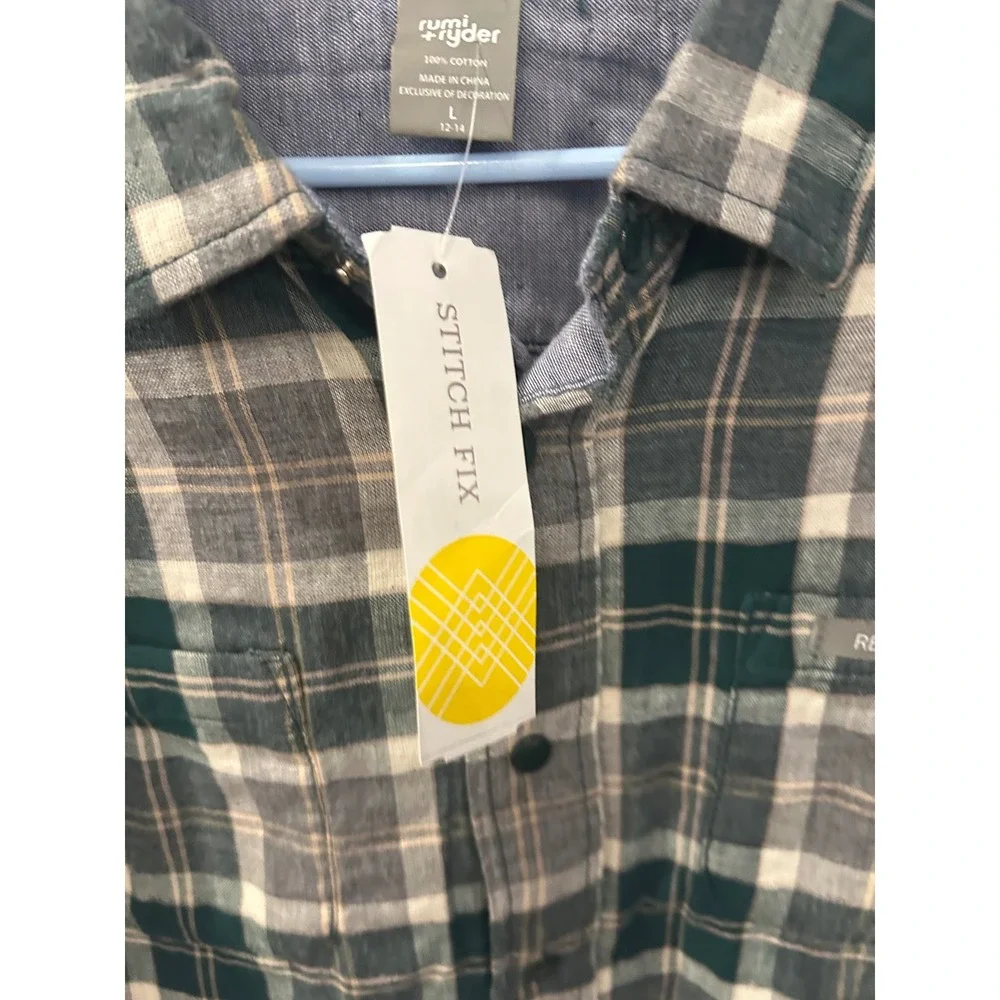 Rumi + Ryder Kids Reversible Plaid Shirt Green Grey‎ Blue Size L 12-14 NWT k7177
